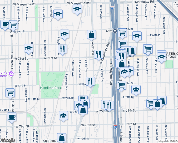 map of restaurants, bars, coffee shops, grocery stores, and more near 7216 South Wentworth Avenue in Chicago
