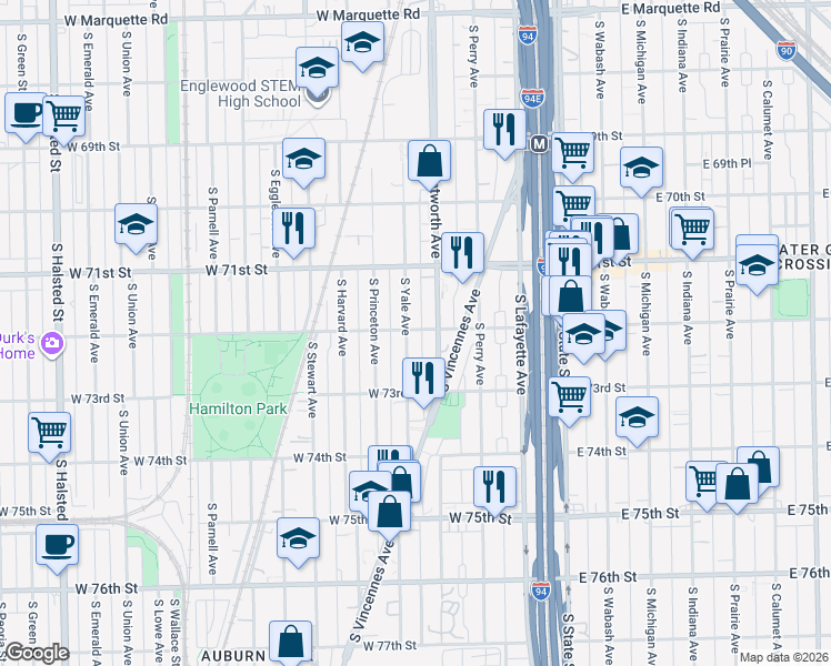 map of restaurants, bars, coffee shops, grocery stores, and more near 7216 South Wentworth Avenue in Chicago