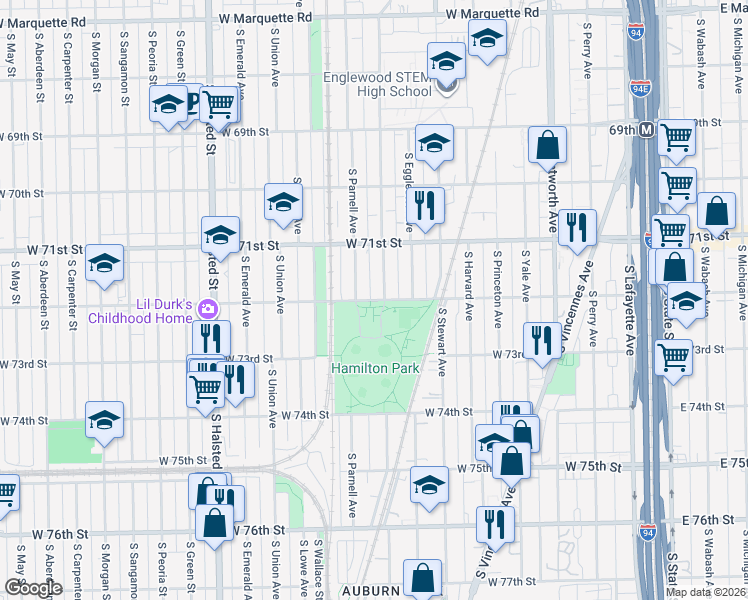 map of restaurants, bars, coffee shops, grocery stores, and more near 513 West 72nd Street in Chicago