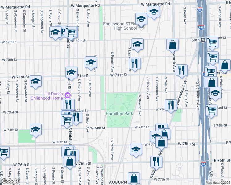 map of restaurants, bars, coffee shops, grocery stores, and more near 513 West 72nd Street in Chicago