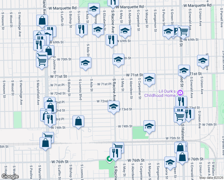 map of restaurants, bars, coffee shops, grocery stores, and more near 7203 South Racine Avenue in Chicago