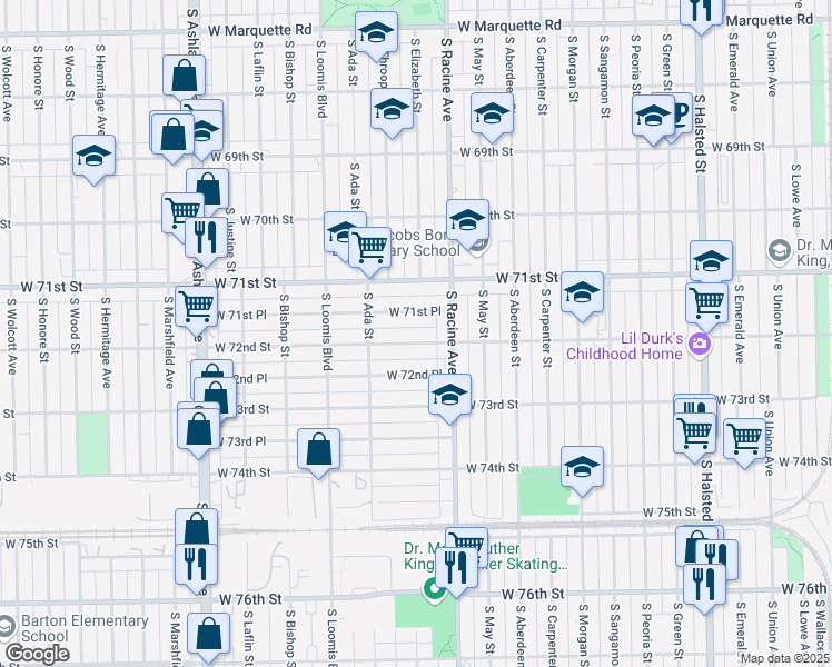 map of restaurants, bars, coffee shops, grocery stores, and more near 1235 West 72nd Street in Chicago