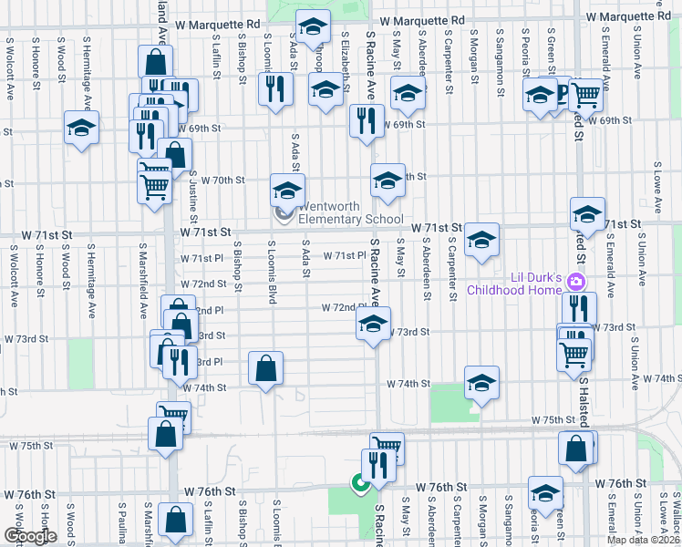 map of restaurants, bars, coffee shops, grocery stores, and more near 1235 West 72nd Street in Chicago
