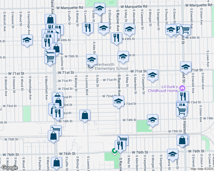 map of restaurants, bars, coffee shops, grocery stores, and more near 1235 West 72nd Street in Chicago