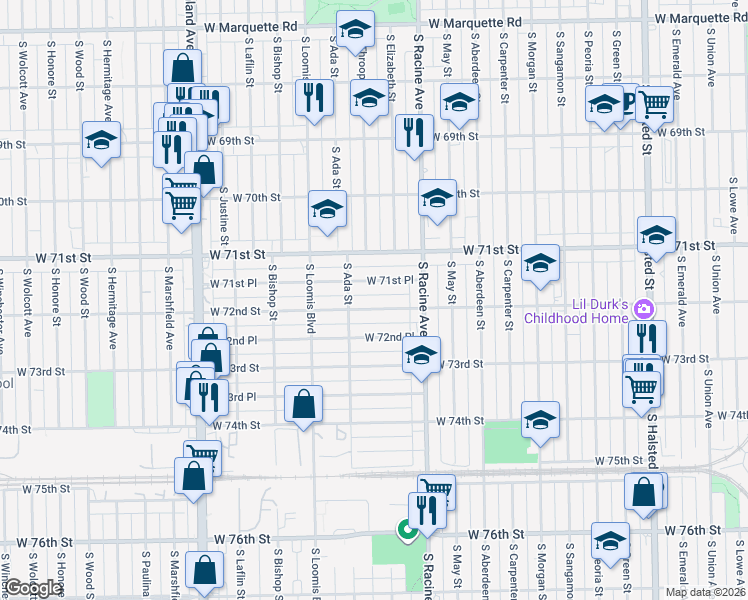 map of restaurants, bars, coffee shops, grocery stores, and more near 1235 West 72nd Street in Chicago