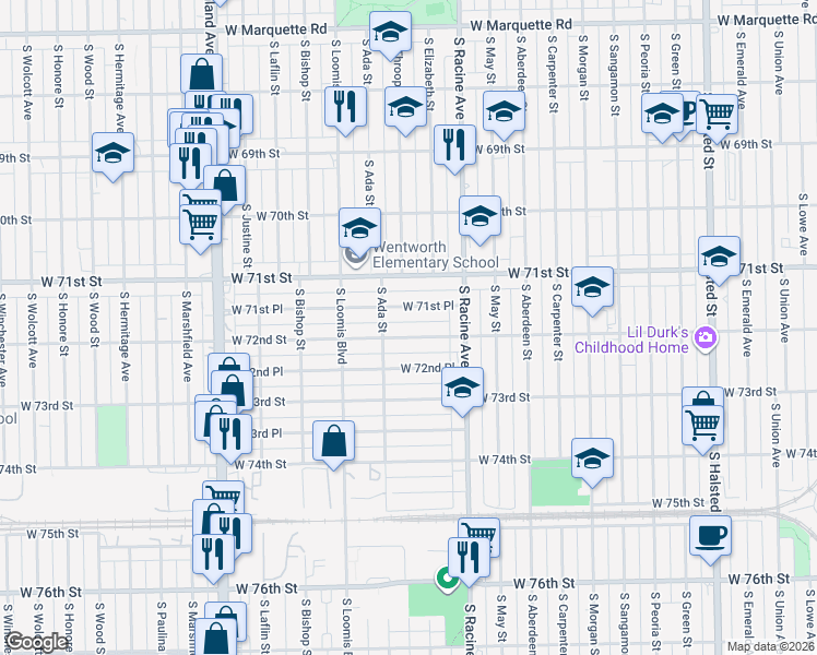map of restaurants, bars, coffee shops, grocery stores, and more near 1275 West 72nd Street in Chicago