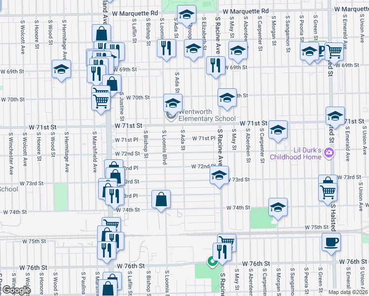 map of restaurants, bars, coffee shops, grocery stores, and more near 1275 West 72nd Street in Chicago