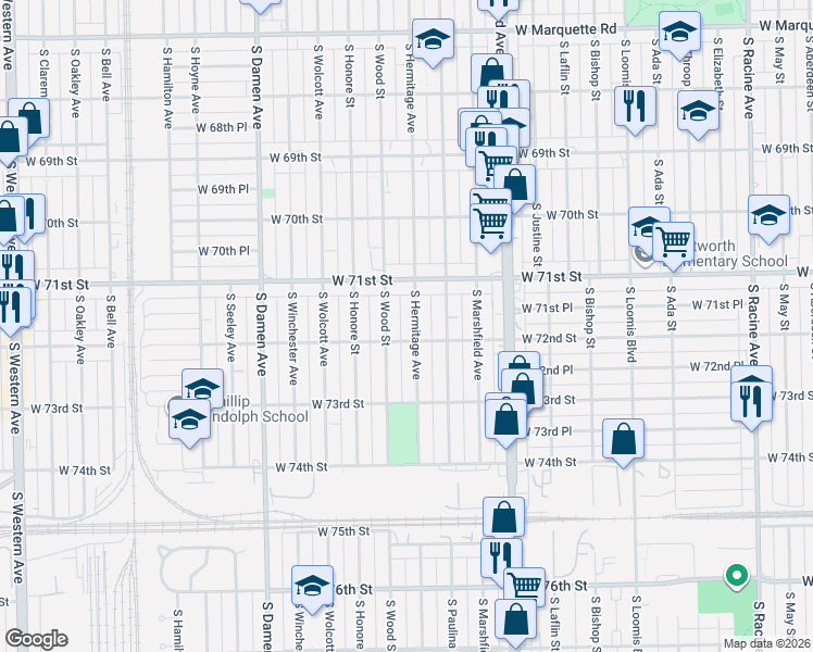 map of restaurants, bars, coffee shops, grocery stores, and more near 7200 South Hermitage Avenue in Chicago
