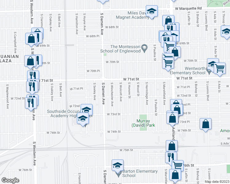 map of restaurants, bars, coffee shops, grocery stores, and more near 7159 South Winchester Avenue in Chicago
