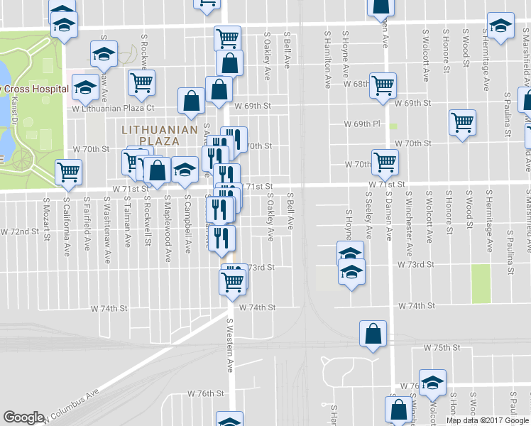 map of restaurants, bars, coffee shops, grocery stores, and more near 2308 West 72nd Street in Chicago