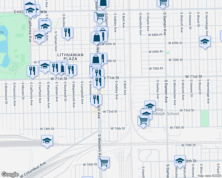 map of restaurants, bars, coffee shops, grocery stores, and more near 2308 West 72nd Street in Chicago