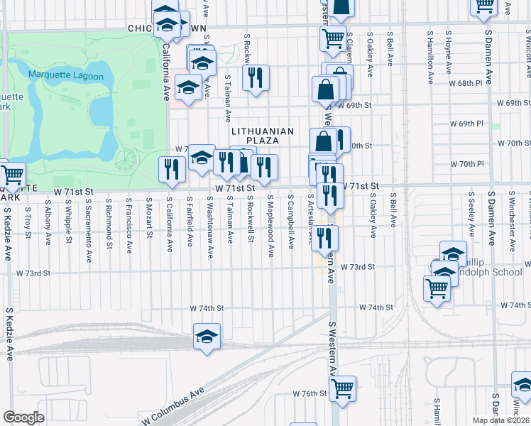 map of restaurants, bars, coffee shops, grocery stores, and more near 7154 South Maplewood Avenue in Chicago