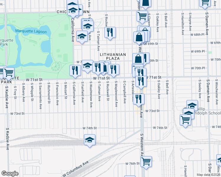 map of restaurants, bars, coffee shops, grocery stores, and more near 7154 South Maplewood Avenue in Chicago