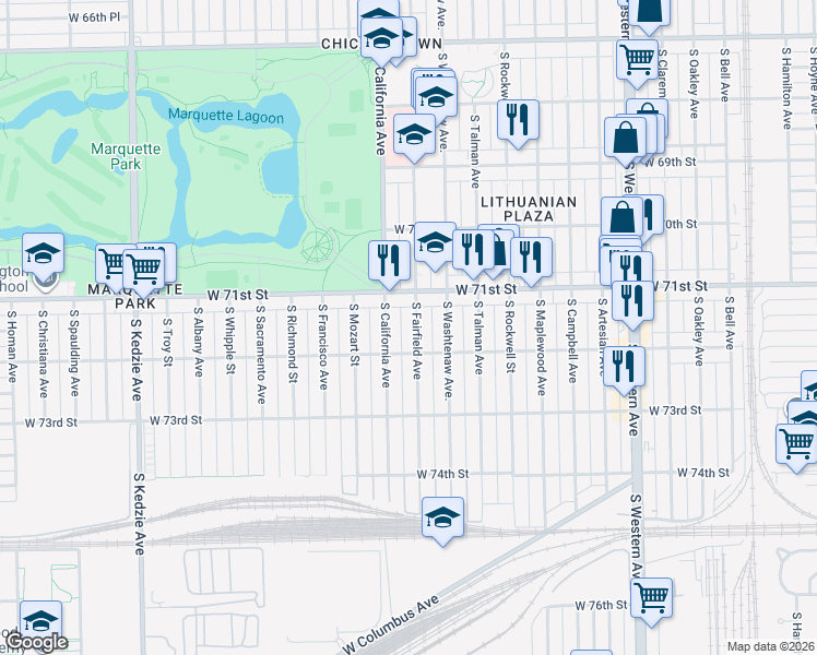 map of restaurants, bars, coffee shops, grocery stores, and more near 7151 South Fairfield Avenue in Chicago