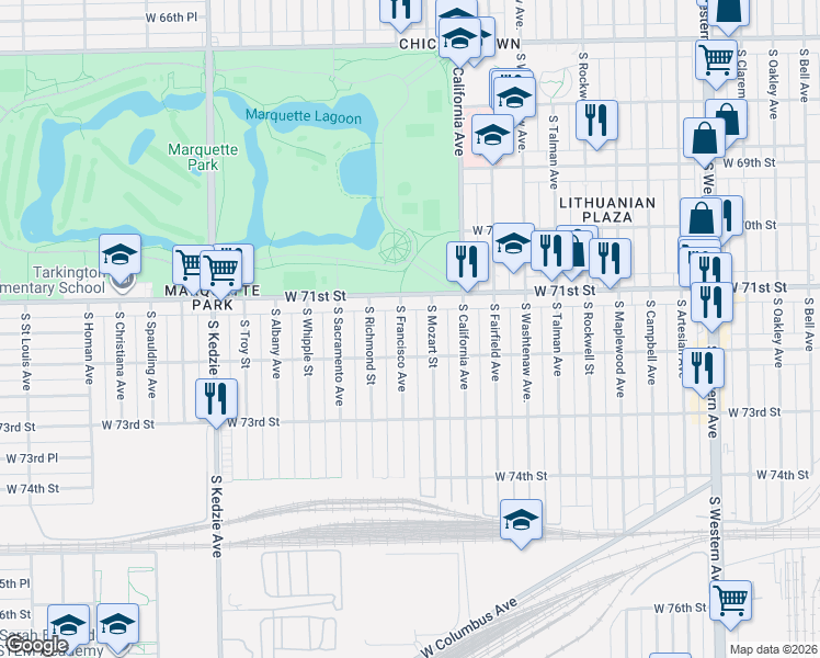 map of restaurants, bars, coffee shops, grocery stores, and more near 7150 South Mozart Street in Chicago