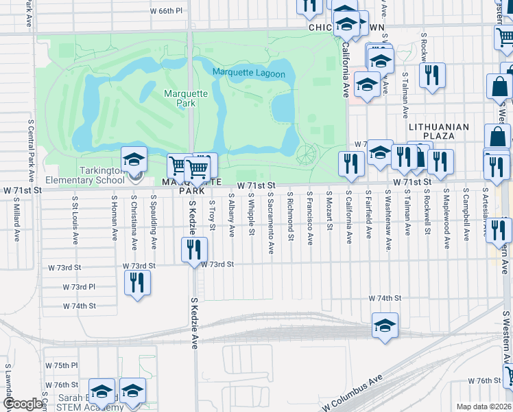 map of restaurants, bars, coffee shops, grocery stores, and more near 7149 South Whipple Street in Chicago