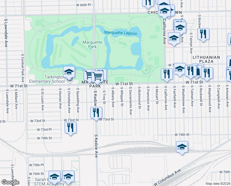 map of restaurants, bars, coffee shops, grocery stores, and more near 7148 South Albany Avenue in Chicago