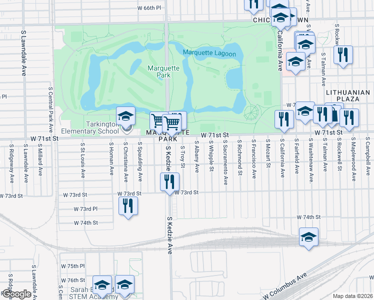 map of restaurants, bars, coffee shops, grocery stores, and more near 7148 South Albany Avenue in Chicago