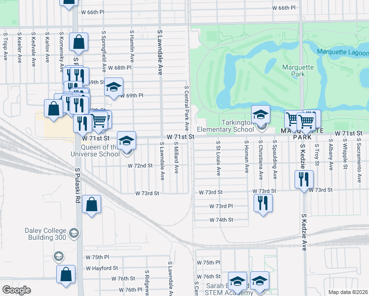 map of restaurants, bars, coffee shops, grocery stores, and more near 3553 West 71st Place in Chicago