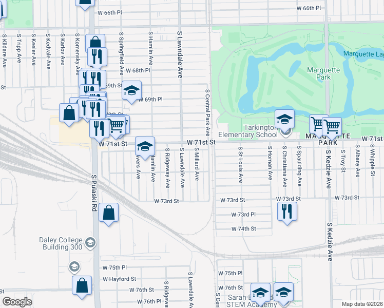 map of restaurants, bars, coffee shops, grocery stores, and more near 7142 South Millard Avenue in Chicago