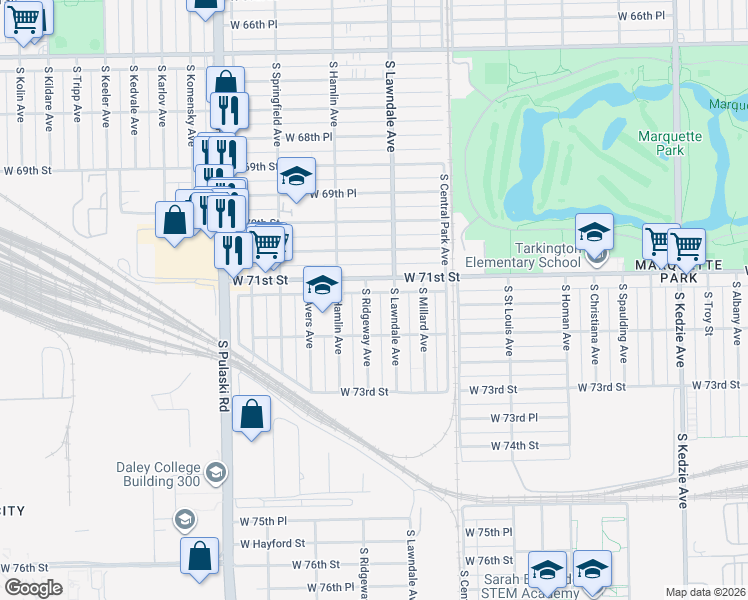 map of restaurants, bars, coffee shops, grocery stores, and more near 7142 South Lawndale Avenue in Chicago