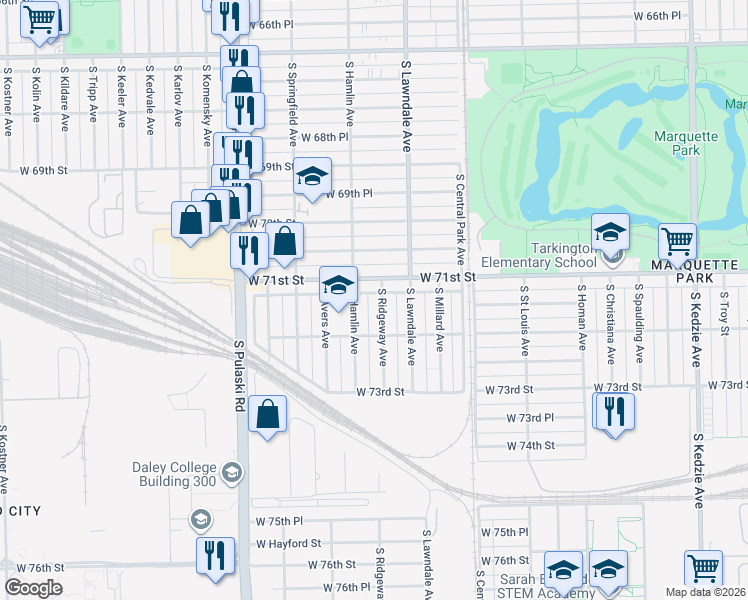 map of restaurants, bars, coffee shops, grocery stores, and more near 7139 South Hamlin Avenue in Chicago
