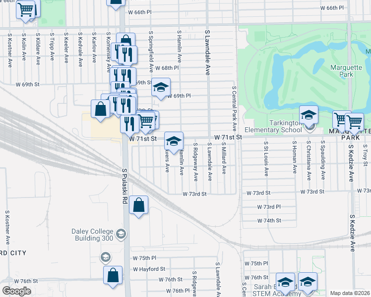 map of restaurants, bars, coffee shops, grocery stores, and more near 7139 South Hamlin Avenue in Chicago