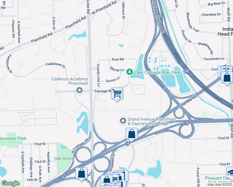 map of restaurants, bars, coffee shops, grocery stores, and more near 143 Tower Drive in Burr Ridge