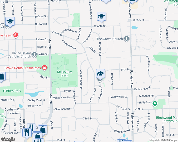 map of restaurants, bars, coffee shops, grocery stores, and more near 6806 Valley View Drive in Downers Grove