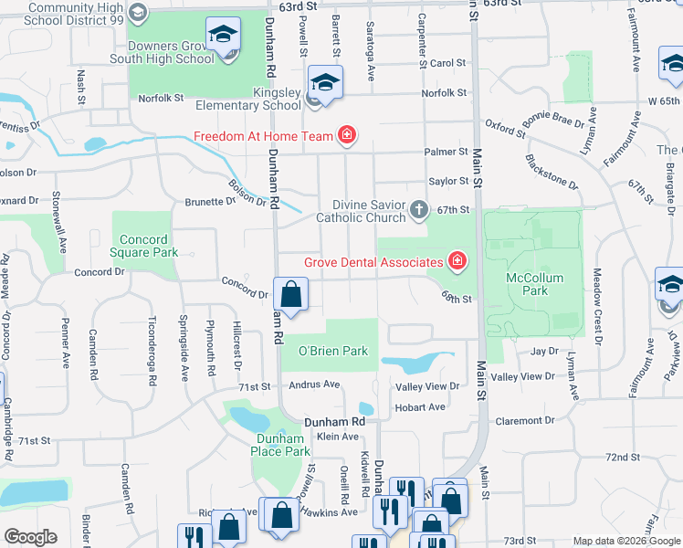 map of restaurants, bars, coffee shops, grocery stores, and more near 6801 Powell Street in Downers Grove