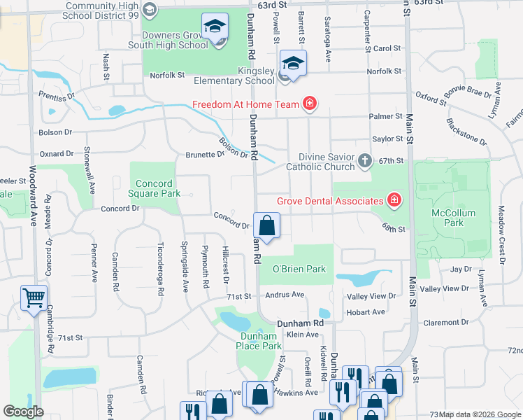 map of restaurants, bars, coffee shops, grocery stores, and more near 1341 68th Street in Downers Grove