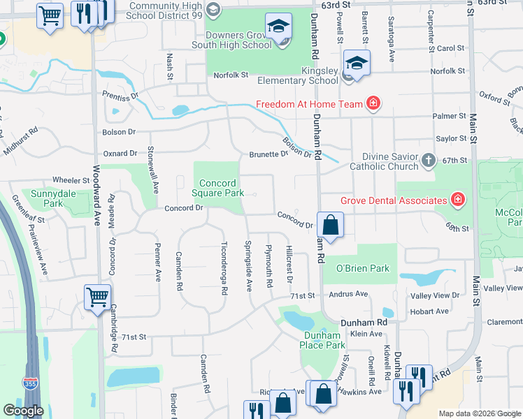 map of restaurants, bars, coffee shops, grocery stores, and more near 1531 Concord Drive in Downers Grove