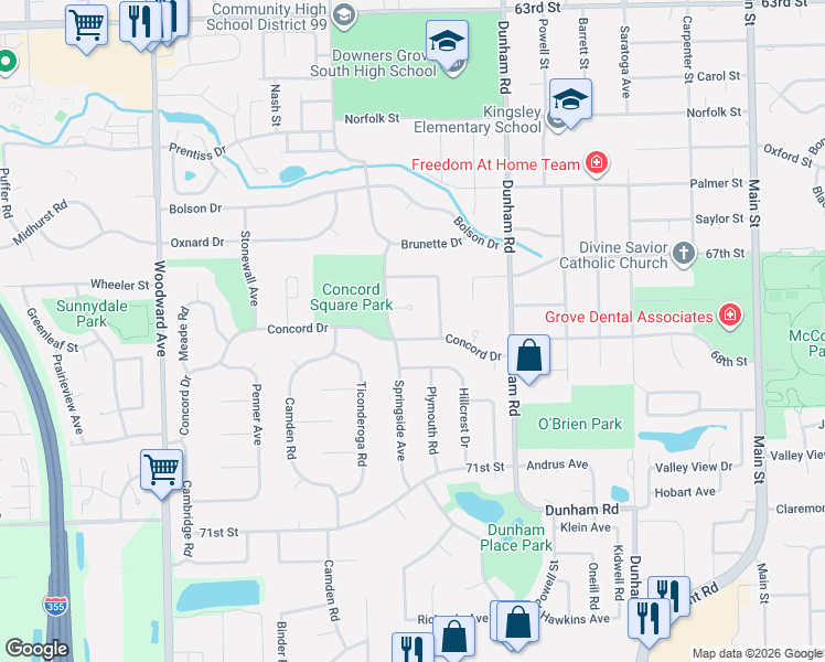 map of restaurants, bars, coffee shops, grocery stores, and more near 1531 Concord Drive in Downers Grove