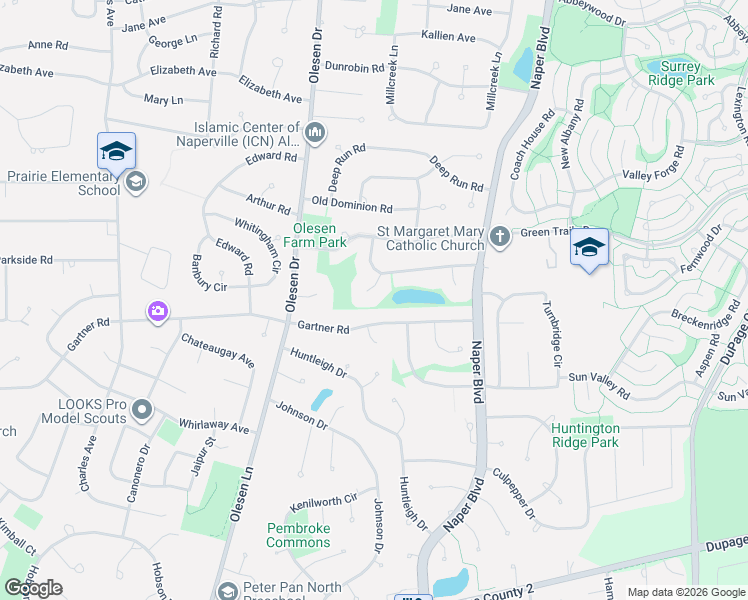 map of restaurants, bars, coffee shops, grocery stores, and more near 1349 East Gartner Road in Naperville