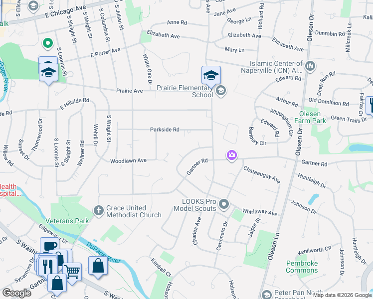 map of restaurants, bars, coffee shops, grocery stores, and more near 1030 Whirlaway Avenue in Naperville