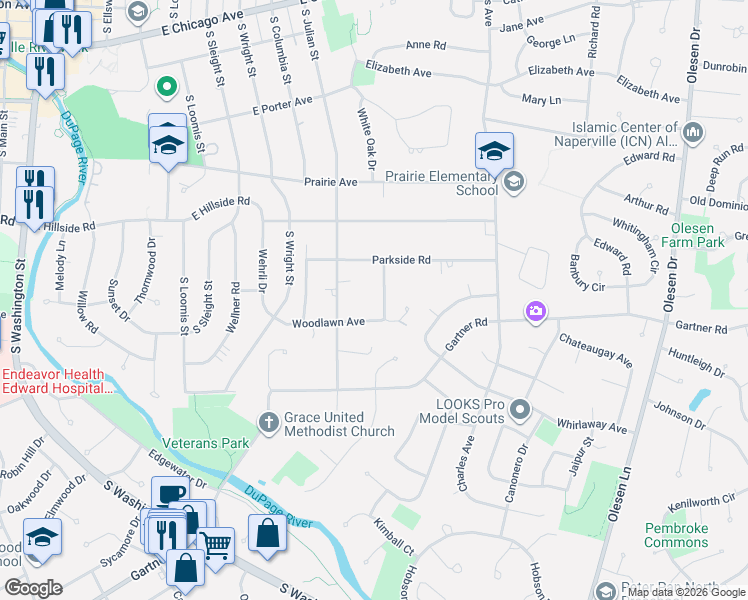 map of restaurants, bars, coffee shops, grocery stores, and more near 835 Woodlawn Avenue in Naperville