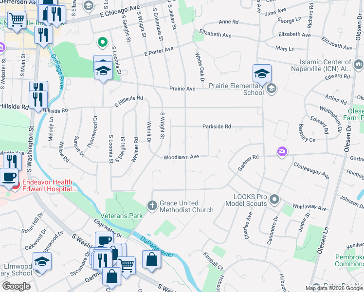 map of restaurants, bars, coffee shops, grocery stores, and more near 745 Woodlawn Avenue in Naperville