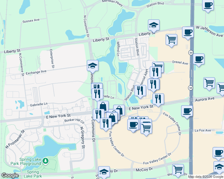 map of restaurants, bars, coffee shops, grocery stores, and more near 422 Grosvenor Lane in Aurora