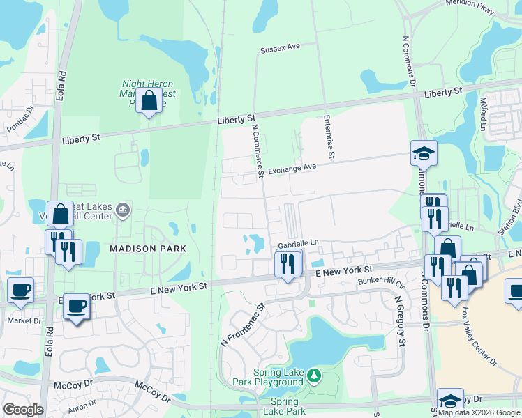 map of restaurants, bars, coffee shops, grocery stores, and more near 424 North Commerce Street in Aurora