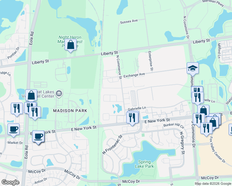 map of restaurants, bars, coffee shops, grocery stores, and more near 424 North Commerce Street in Aurora