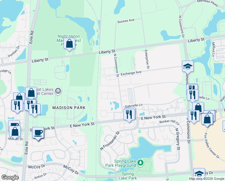map of restaurants, bars, coffee shops, grocery stores, and more near 3466 Bradbury Circle in Aurora