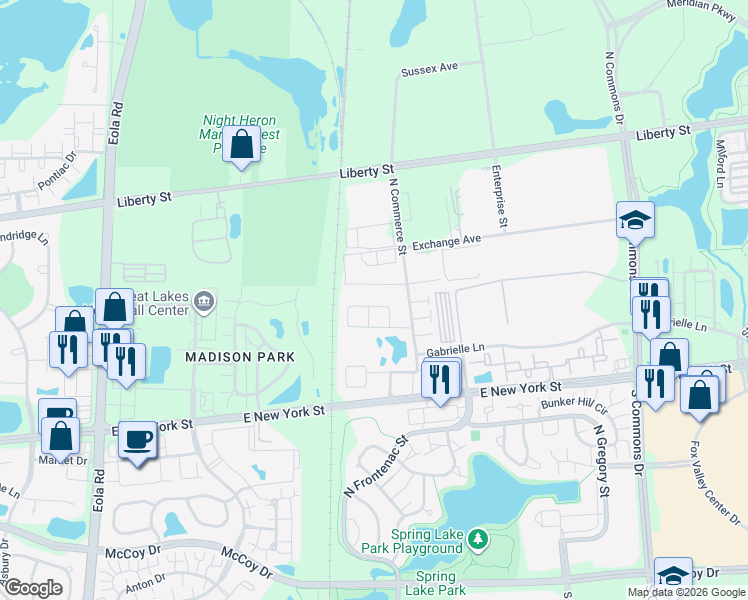 map of restaurants, bars, coffee shops, grocery stores, and more near 3466 Bradbury Circle in Aurora