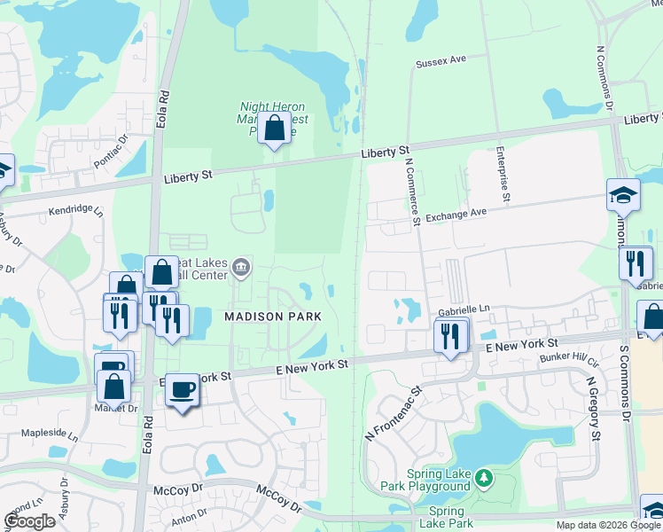 map of restaurants, bars, coffee shops, grocery stores, and more near 621 Conservatory Lane in Aurora