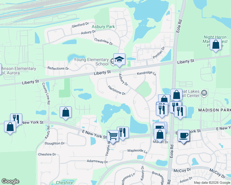 map of restaurants, bars, coffee shops, grocery stores, and more near 560 Casey Court in Aurora