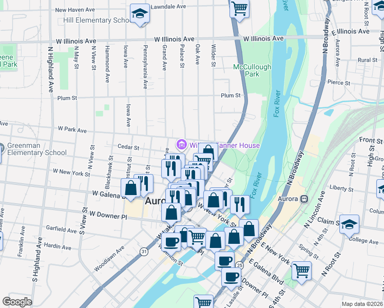 map of restaurants, bars, coffee shops, grocery stores, and more near 237 Cedar Street in Aurora