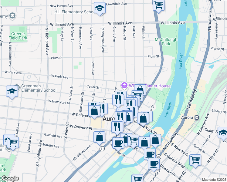 map of restaurants, bars, coffee shops, grocery stores, and more near 331 Spruce Street in Aurora