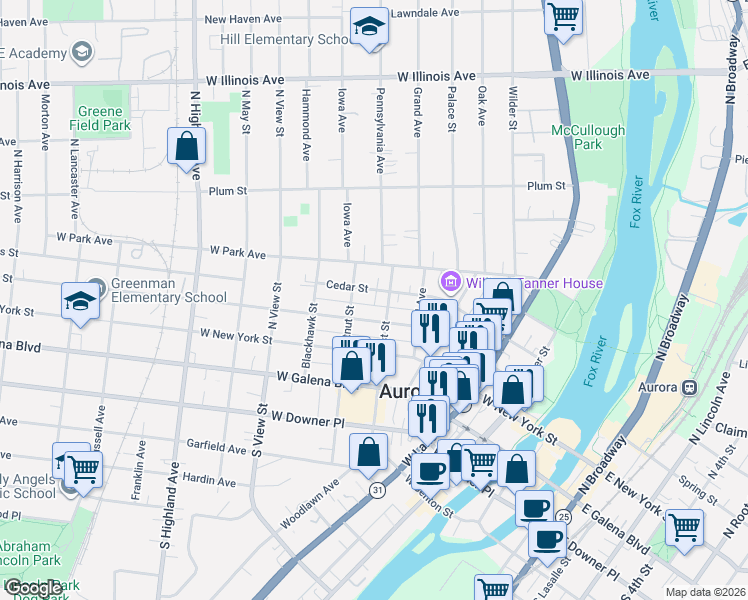 map of restaurants, bars, coffee shops, grocery stores, and more near 359 Spruce Street in Aurora