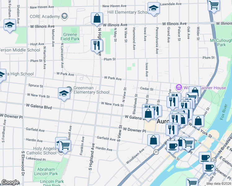 map of restaurants, bars, coffee shops, grocery stores, and more near 116 North May Street in Aurora