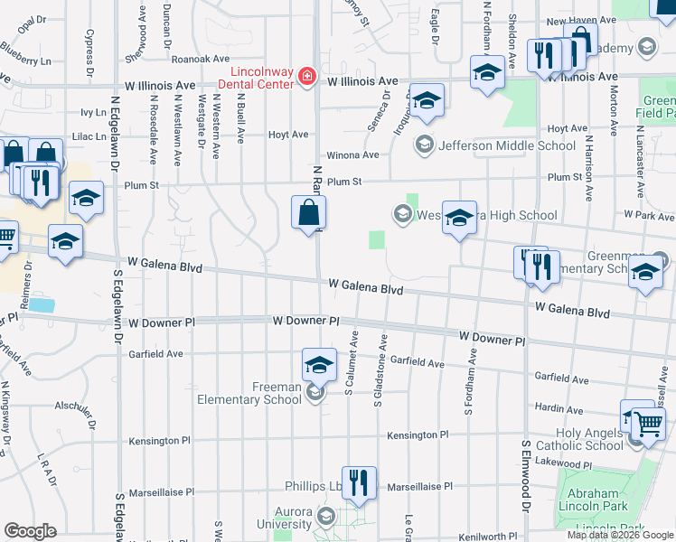 map of restaurants, bars, coffee shops, grocery stores, and more near 1344 West Galena Boulevard in Aurora