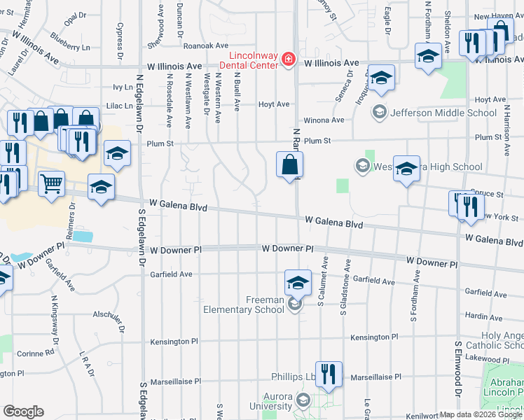 map of restaurants, bars, coffee shops, grocery stores, and more near 1 South Glenwood Place in Aurora